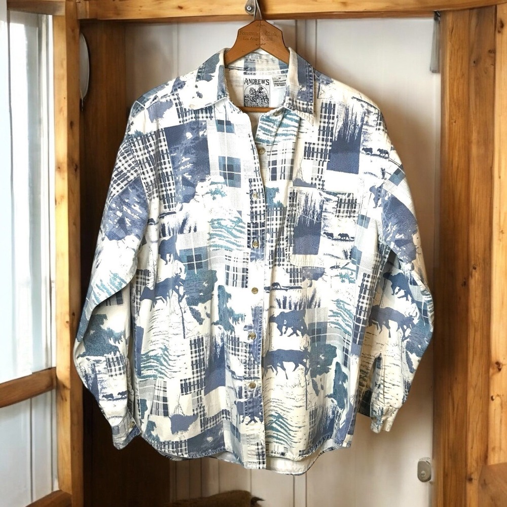 Vintage 90's Andrew's Blues Country Horse Print Button Down Women's Shirt Med